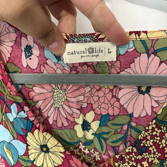 Natural Life Mini Dress Oversized Floral Print V Neck 100% Rayon Boho Sz L EUC - Picture 6 of 8